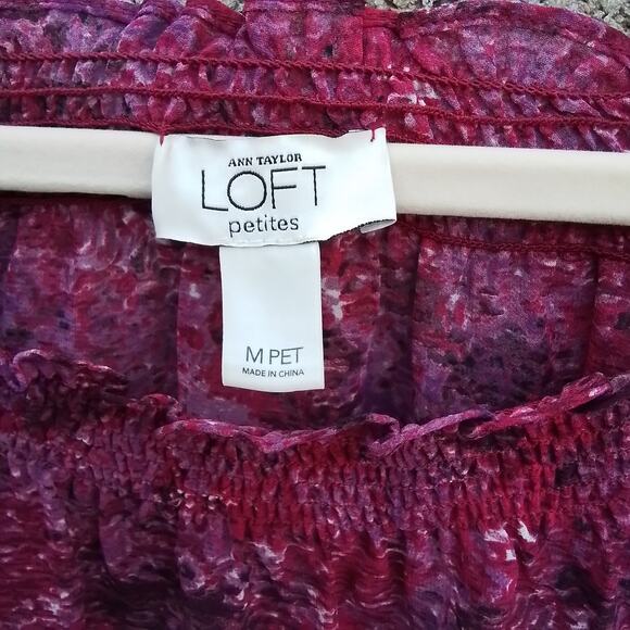 LOFT Blouse Size SP Pink Boho Off the Shoulder Semi Sheer Floral Smocked Hem - Picture 6 of 7